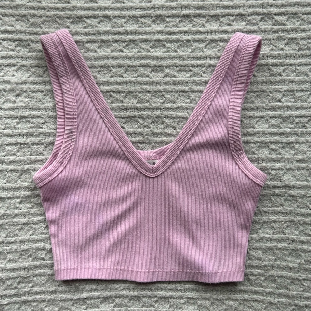 Pink Ribbed V-Neck Crop Top